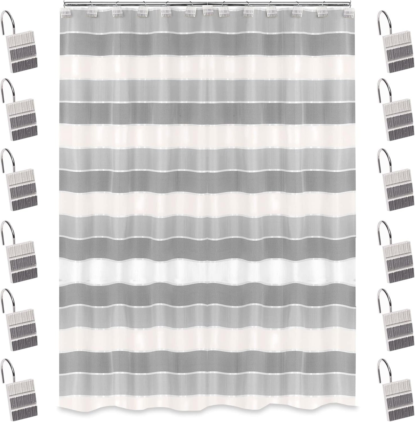 Zahari Home 13pc Modern Line Shower Curtain Set - Gray Luxury Contemporary Shower Curtains with Unique Design & 12 Hooks