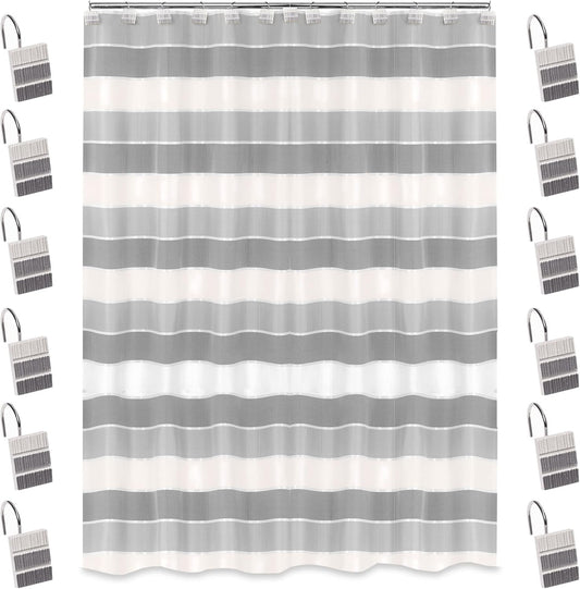 Zahari Home 13pc Modern Line Shower Curtain Set - Gray Luxury Contemporary Shower Curtains with Unique Design & 12 Hooks