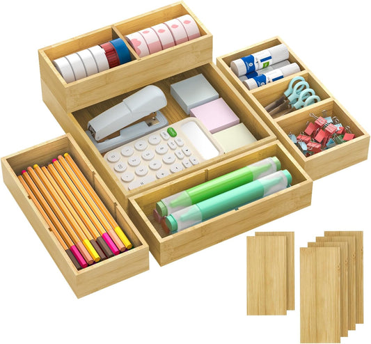 SpaceWhisper Bamboo Drawer Organizer, 5-Piece Drawer Divider with Removable Dividers for Organization and Storage, Multi-Use Stackable Storage Box & Utensil Holder for Kitchen, Office, Makeup & More