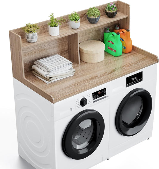 Washer Dryer Countertop with 2 Tier Shelf, 27.5" W × 54" L Laundry Wood Countertop with Edge Rails for Laundry Room Organization and Storage (Oak)