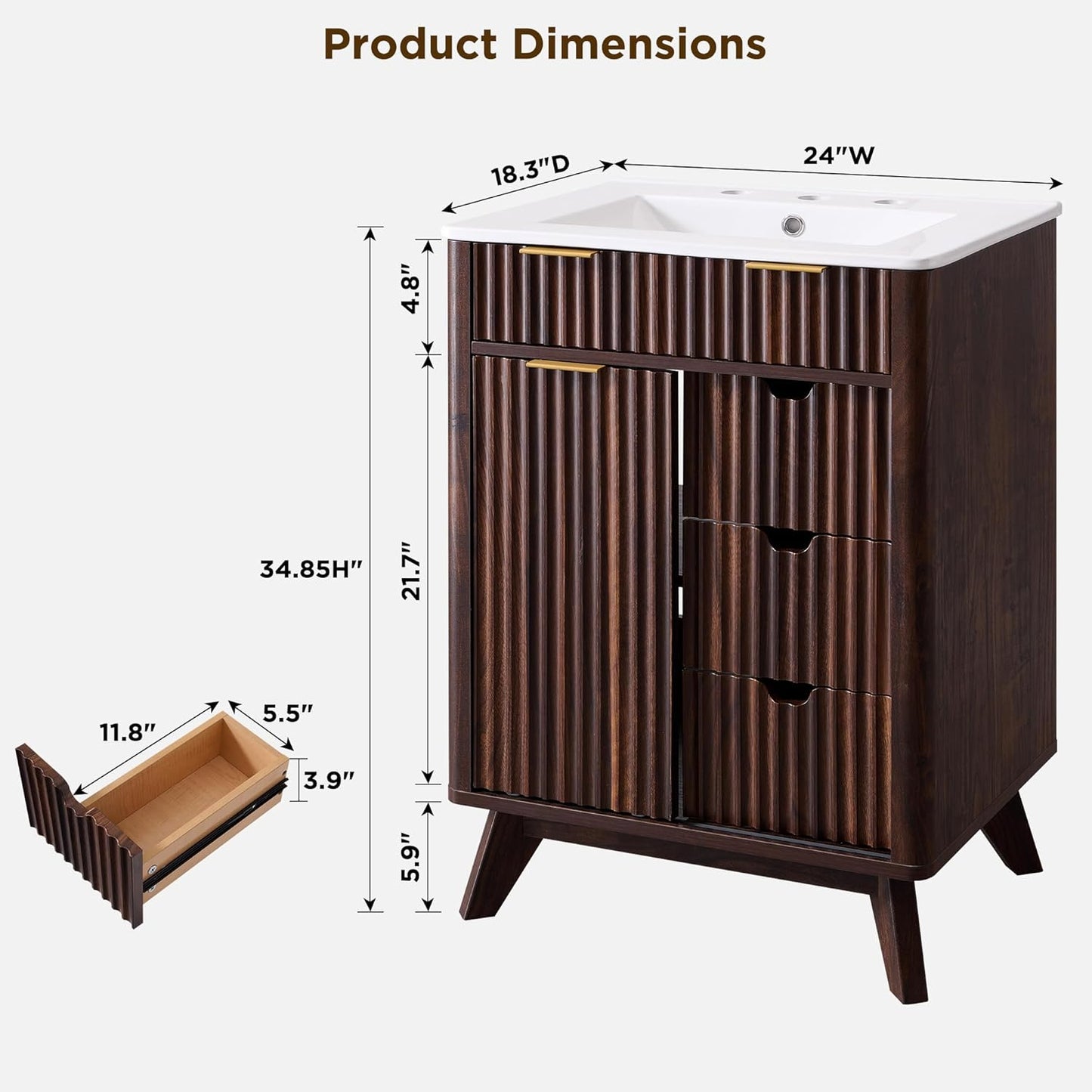 T4TREAM 24" Fluted Bathroom Vanity with Ceramic Sink Combo，Freestanding Small Modern Bathroom Storage Vanity Cabinet with Sliding Door & 3 Drawer，Wood Grain Texture，Metal Handle，Dark Walnut
