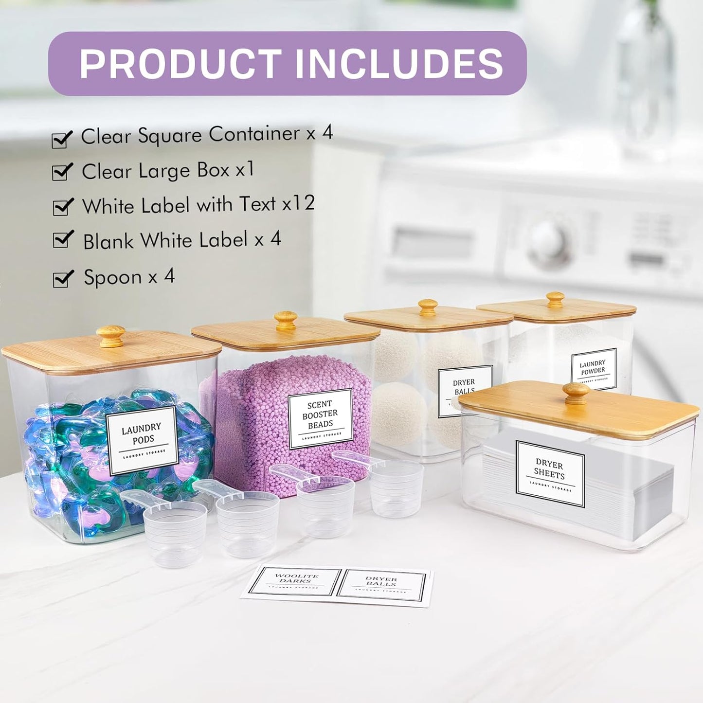 4+1 Pack Laundry Room Organization Containers,Clear Laundry Pods Container,Large Laundry Detergent Powder Storage Containers with Wooden Lids & Labels,Laundry Pods Holder for Scent Booster,Powder,Pods