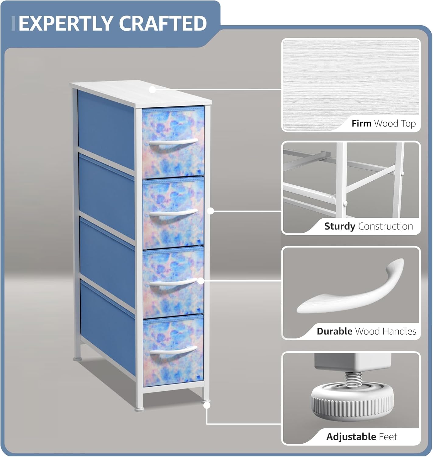 Sorbus Kids Narrow Dresser with 4 Drawers - Vertical Slim Storage Chest of Drawers with Steel Frame, Wood Top & Easy Pull Fabric Bins for Small Spaces, Closets, Bedroom, Bathroom & Laundry