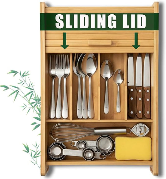 KozyKoala & Co. Bamboo Drawer Organizer with Sliding Lid - 5 Slot Kitchen Drawer Organizer & Utensil Holder - Wood Bamboo Cutlery Tray for Flatware, Gadgets & Multipurpose Storage for Home & Office