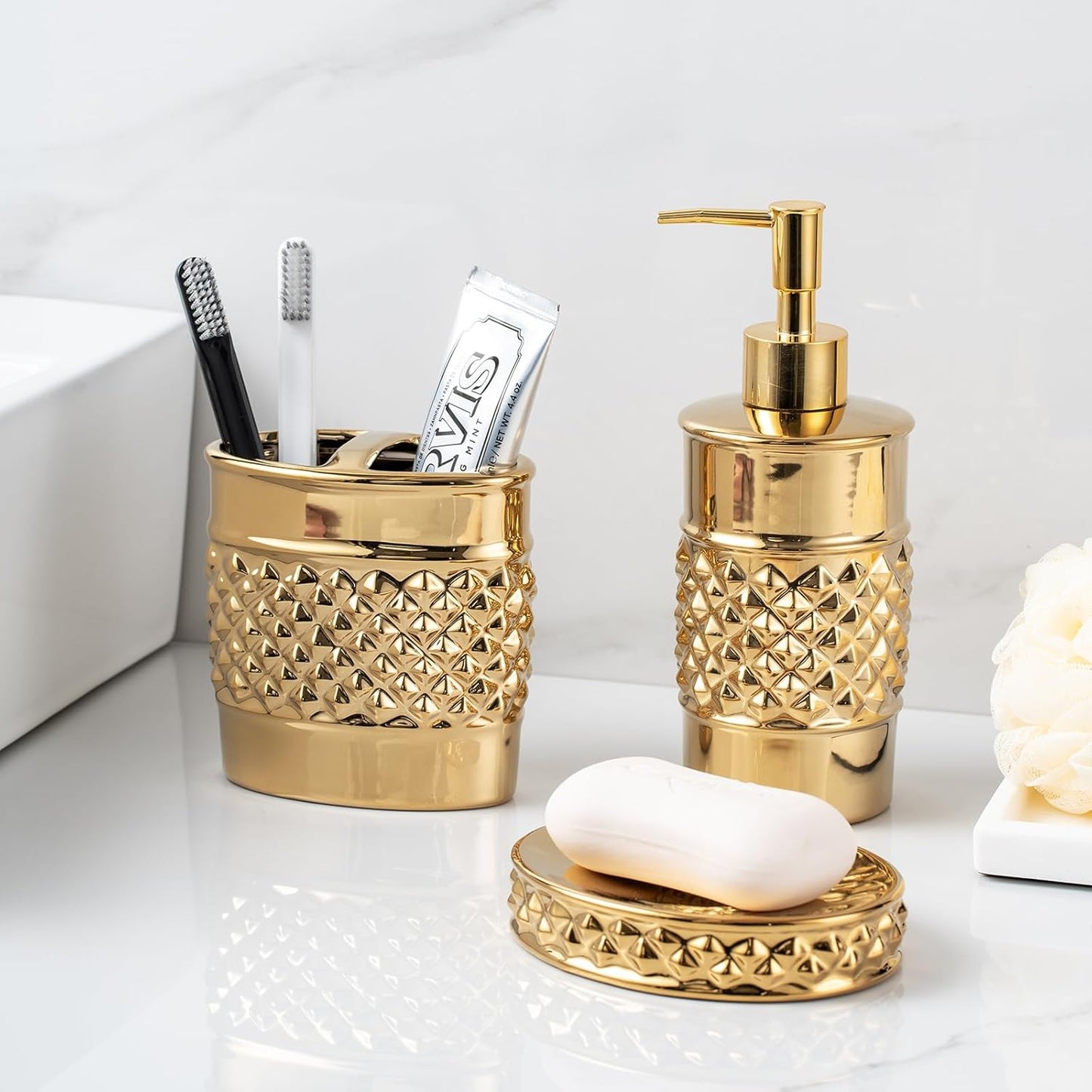 3-Piece Gold Ceramic Bathroom Accessories Set - Luxurious Soap Dispenser, Toothbrush Holder & Soap Dish with Modern Geo Embossed Design for Bathroom Accessory Set