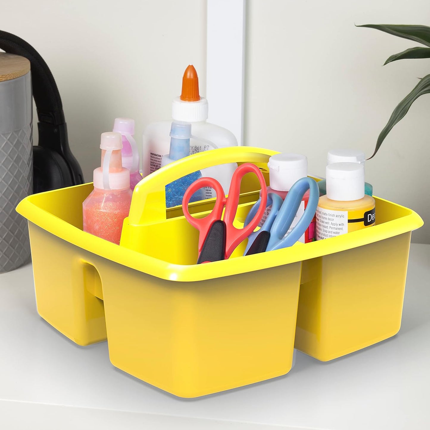 Storex 3-Compartment Small Caddy – Multipurpose Classroom Organizer with Handle, Lemon, 6-Pack (00950A06C)
