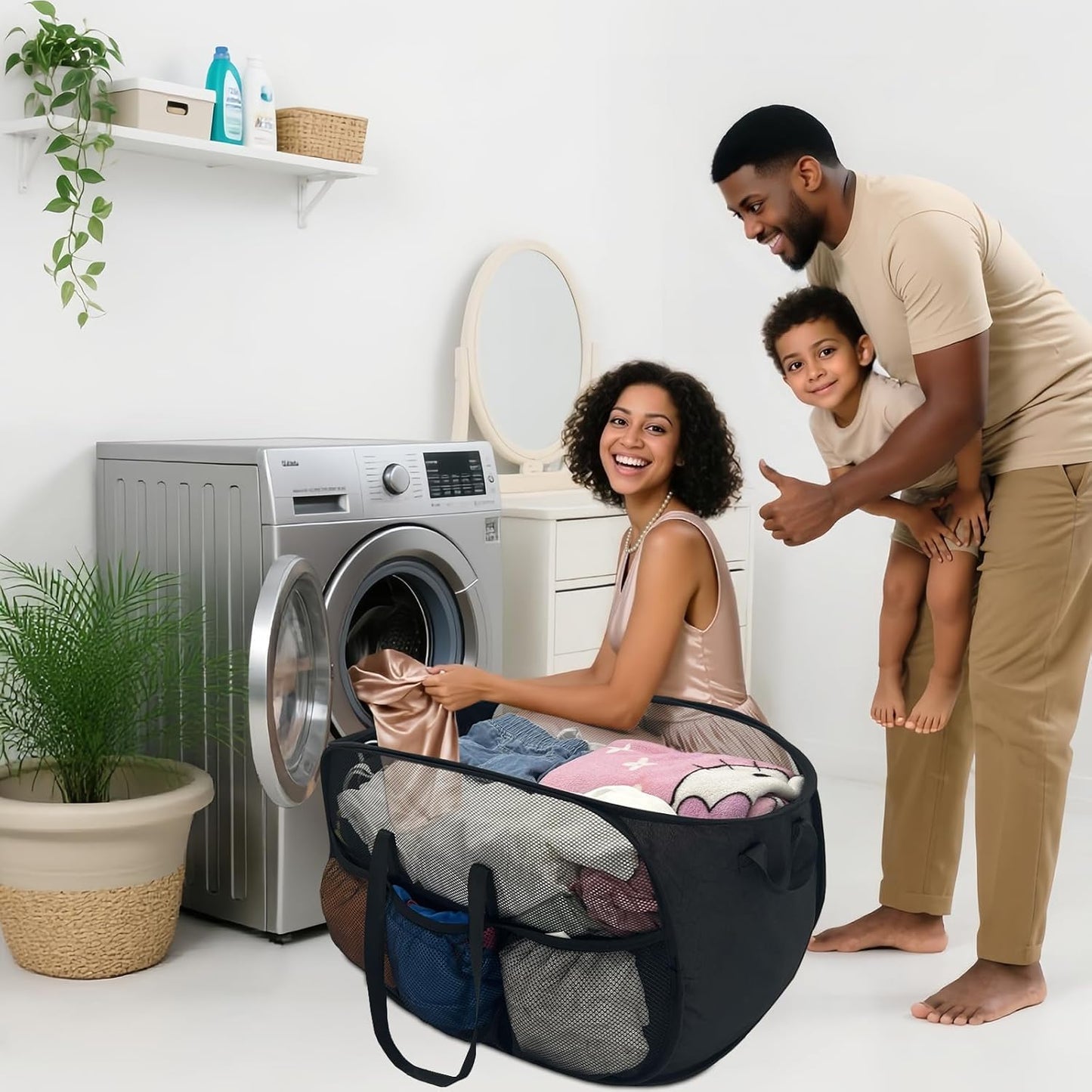 100L Extra Large Mesh Pop Up Hamper with Handles and bag,Upgraded Cationic XL Collapsible Laundry Baskets, Portable Stair Basket, Dirty Clothes Hamper for Cruise Travel Bedroom. Black