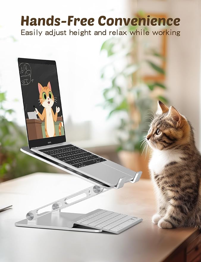 Laptop Stand for Desk – Portable Adjustable Laptop Riser & Holder, Foldable Computer Stand Compatible with MacBook Air Pro, Dell, HP, Lenovo (10"-17.3"), Featuring Cat Panel Design, Silver