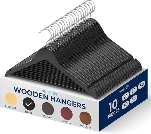 SereneLife 10-Pack Wooden Coat Hangers – Durable Suit Hangers with 360° Swivel Hook & Notches – Slim Design for Sweater, Shirts, Jackets, Dresses, and More