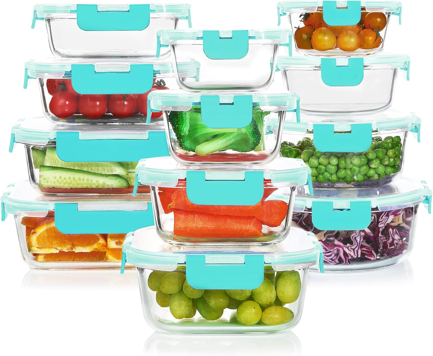 KOMUEE 24 Pieces Glass Food Storage Containers Set, Meal Prep Containers-Stackable Airtight Glass Storage Containers with lids,Freezer, Microwave, Oven Safe,Green