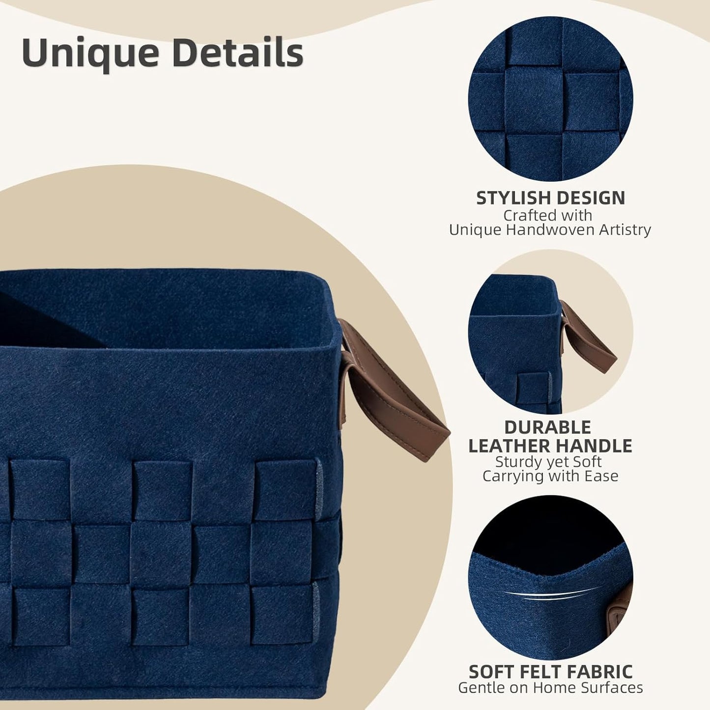 Bold monkey Storage Basket 3 Pack, Medium 10" x10" x10 " Baskets for Shelves with Leather Handle, Cube Felt Fabric Storage Box for Bedroom, Nursery, Living Room -Navy blue