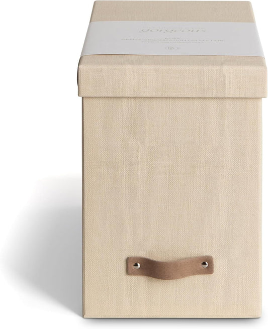 Bigso John File Box - File Storage Box and File Organizer for Important Paperwork - Durable Hanging File Box with Lid and Leather Handle - 7.4 in x 13 in x 10.4 in - Cream