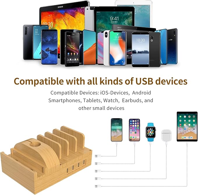 Bamboo Charging Station for Multiple Devices,15W Fast Wireless Charger Night Light with 3 Color & 4 Adjustable Brightness,Night Stand Charger Station Compatible with Phone/Watch/Air-Pods with Adapter