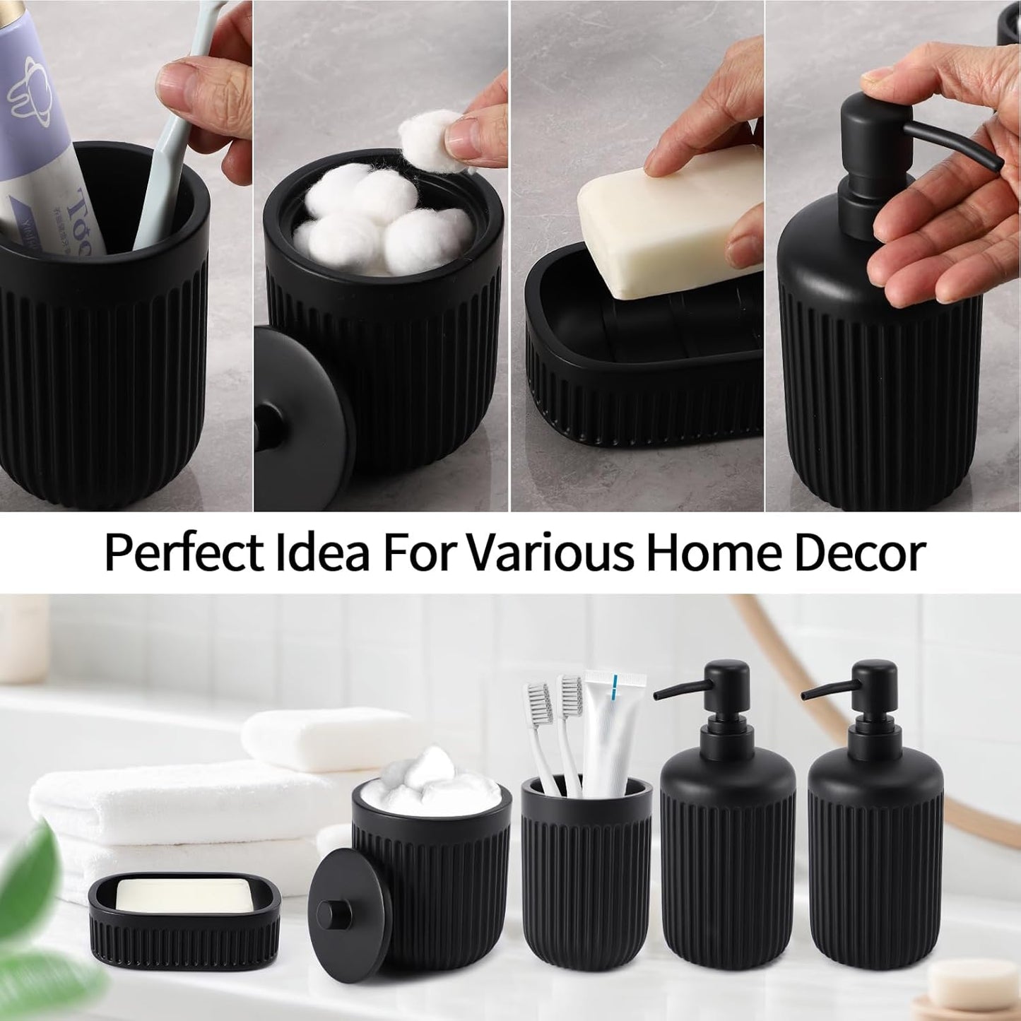 Black Resin Bathroom Accessories Set 5 Pcs, Bathroom Accessory Set Includes Foaming Soap Dispenser, Lotion Soap Dispenser, Toothbrush Holder, Qtip Holder, Soap Dish, for Modern Home Apartment