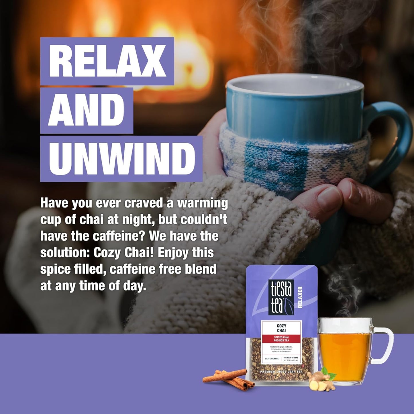 Tiesta Tea - Cozy Chai, Loose Leaf, Spiced Chai Rooibos Tea, Premium Caffeine-Free Herbal Blend, Makes Hot or Iced & Up to 25 Cups, 2.5oz Resealable Pouch