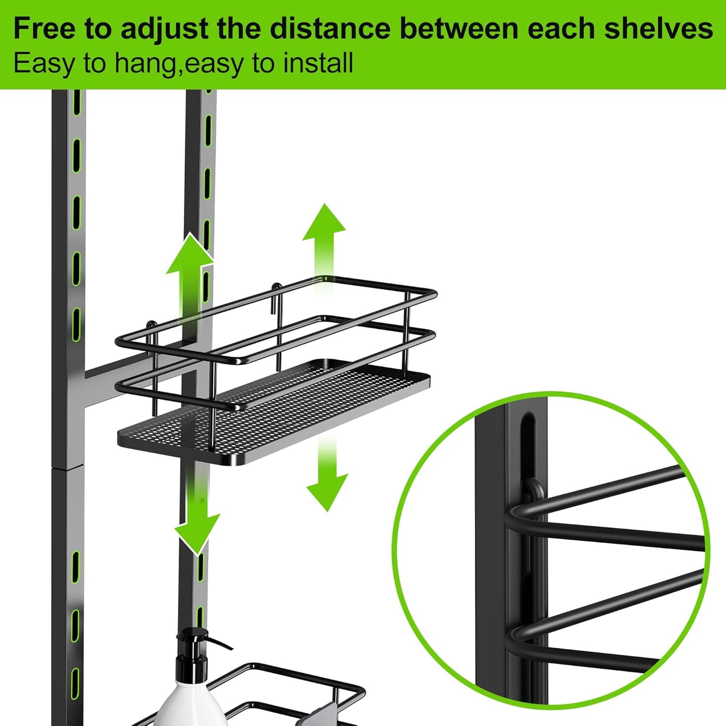 Orimade Adjustable Hanging Over the Shower Door Caddy with Hooks, Bathroom Organizer Shelf Storage Rack,No Drilling Rustproof Basket for Inside Shower, Matt Black 3 Tier