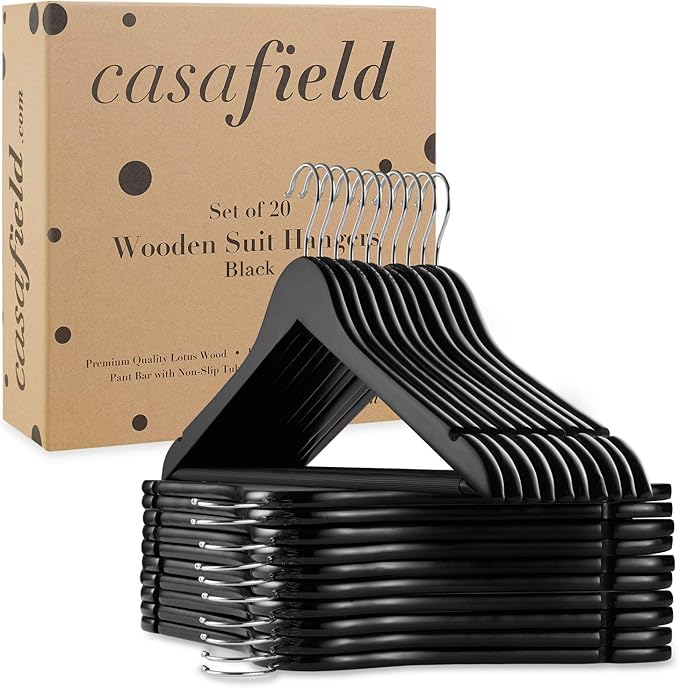 Casafield - 20 Black Wooden Suit Hangers - Premium Lotus Wood with Notches & Chrome Swivel Hook for Dress Clothes, Coats, Jackets, Pants, Shirts, Skirts