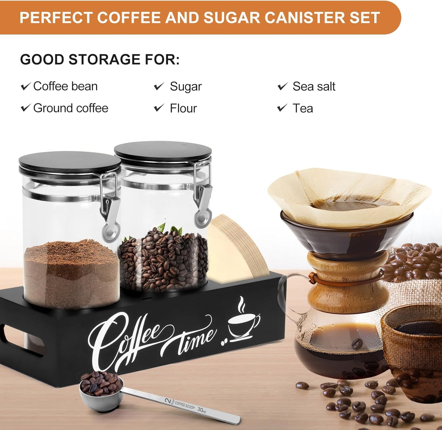 Glass Coffee Containers with Shelf Coffee Station Organizer 54oz Black Glass Coffee Bar Accessories Coffees Filter Holder for Kitchen Organization Coffees Bean Storage Canister