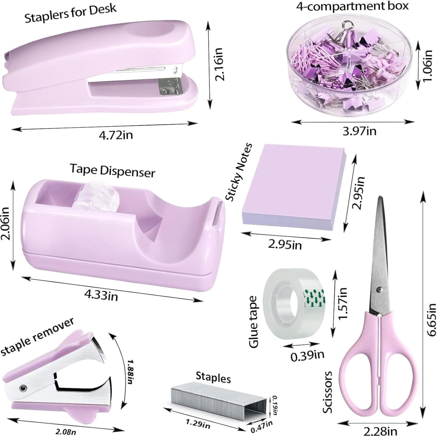 Purple Office Desk Accessories,Purple Office Supplies Set,Stapler and Tape Dispenser Set,Tape,Staple Remover, Staples,Paper Clips,Scissor,Sticky Note and Desk Drawer Organizer