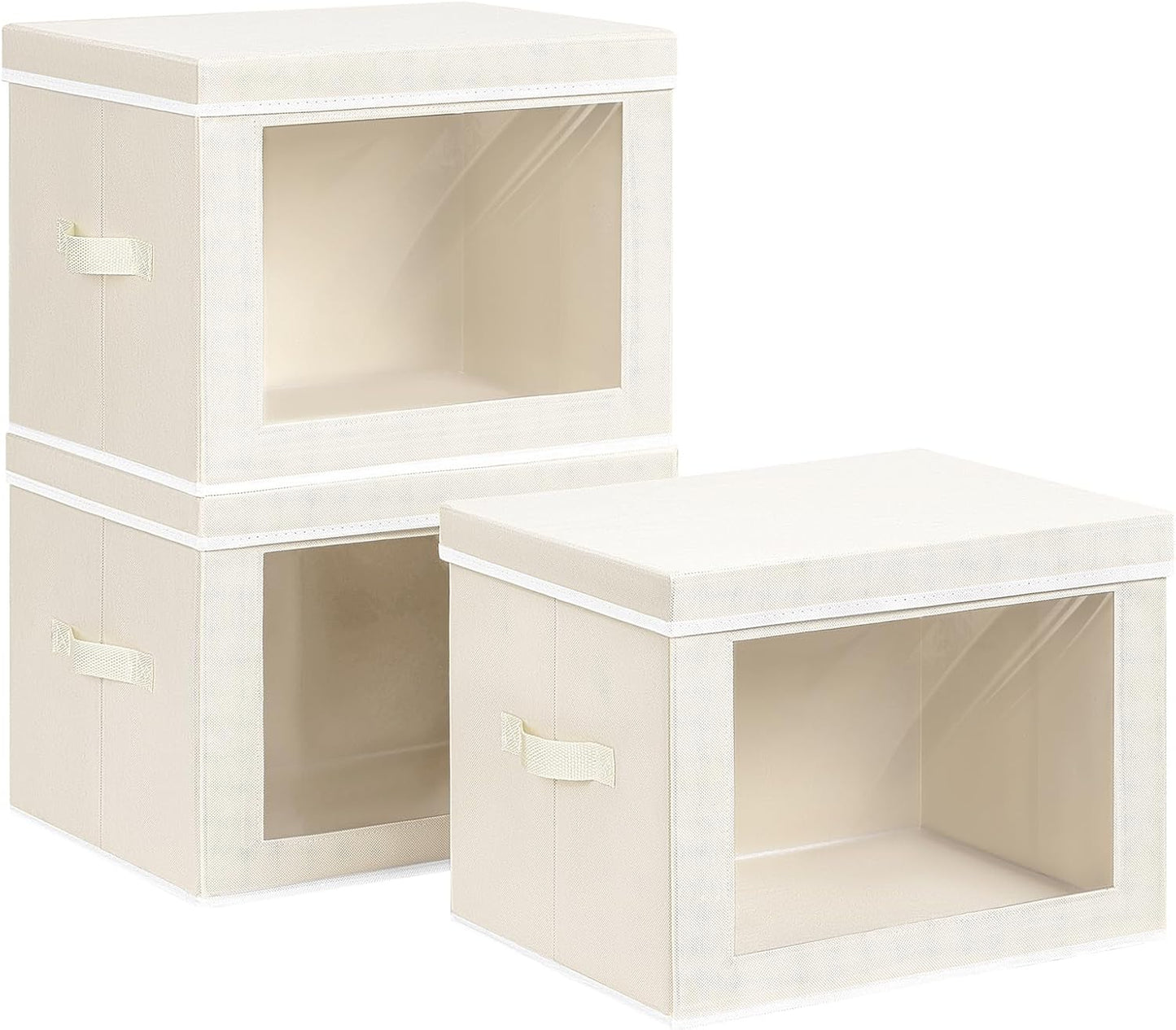 Large Storage Baskets Bins with Lids - Stackable Cube Bins for Closet, 3 Pack Beige Windows Organizer Bins, Home Organizers and Storage for Clothes, CD, Towels