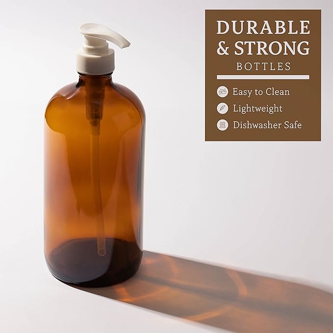 32 Ounce Glass Pump Dispenser Bottle, Large Amber Container with Pump for Shower and Bath Shampoo Soap Conditioner Lotion - 1 Liter - by Kitchentoolz