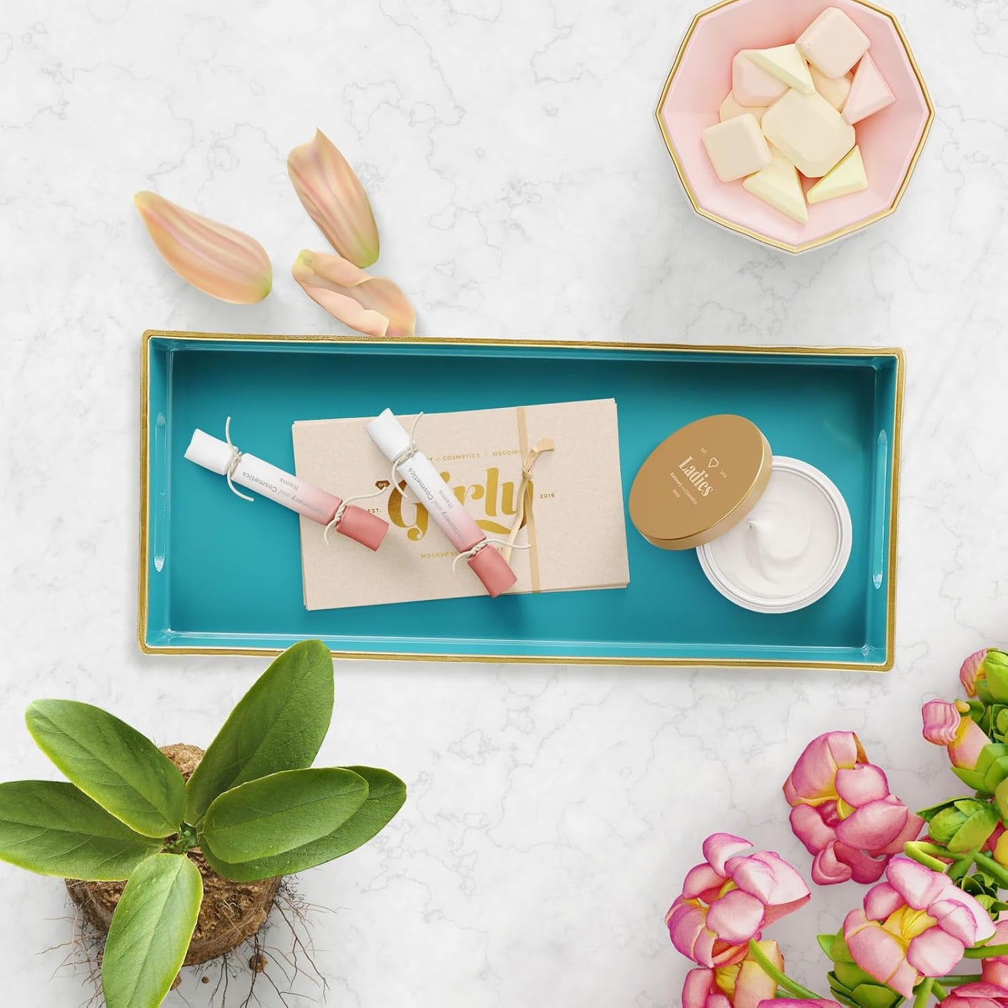 Teal Blue Vanity Tray with Handles, Decorative Tray Desktop Storage Organizer for Bathroom, Living Room, 5.9"*13.7"