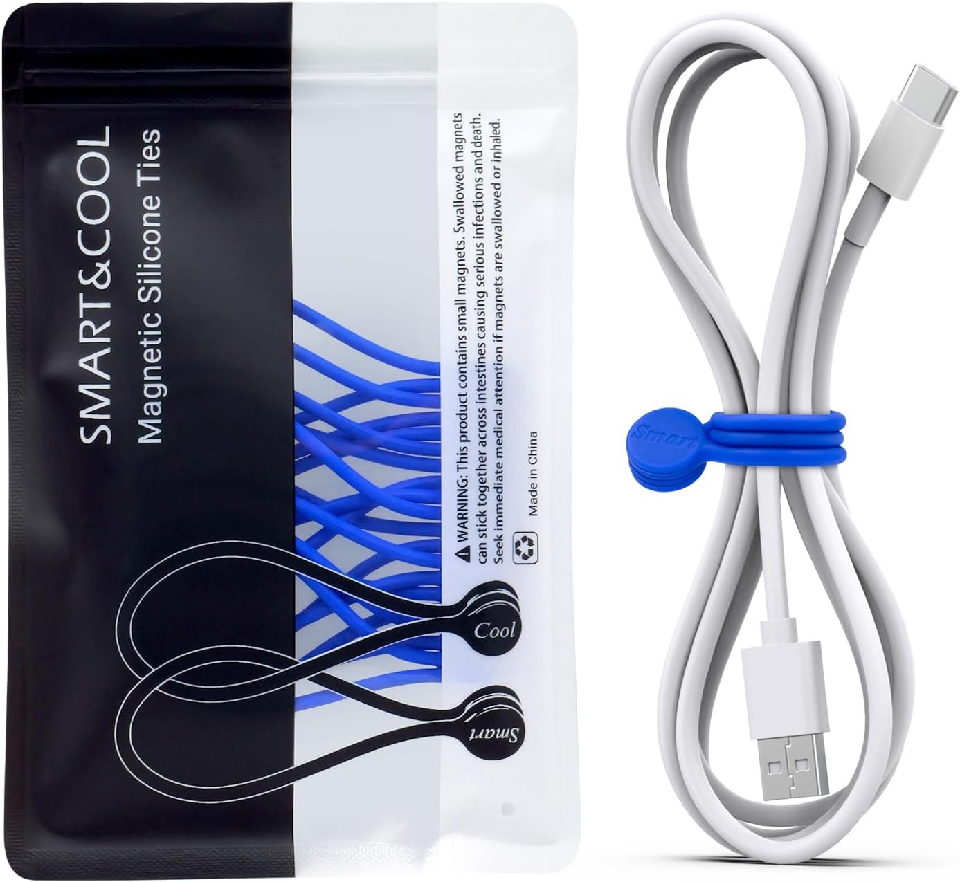 SMART&COOL Reusable Silicone Magnetic Cable Ties for Bundling and Organizing, Holding Stuff, Book Markers, Fridge Magnets, Assorted Color, 7.16'' (10-Pack, Blue)