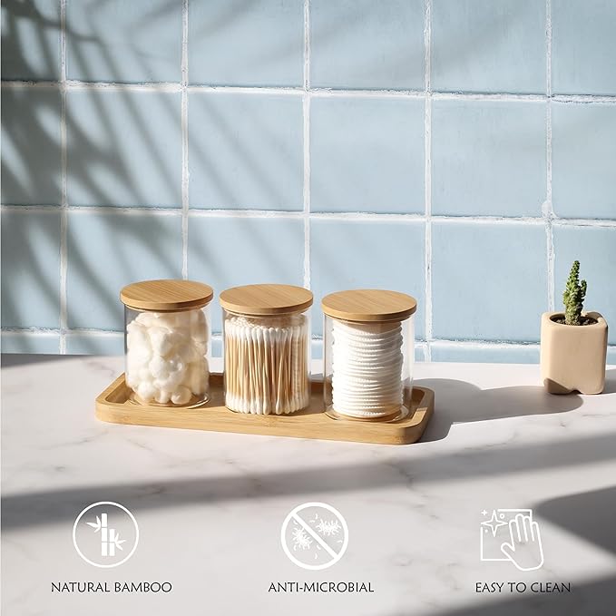 Qtip Holder with Vanity Tray, 3 Pack Glass Apothecary Jars with Lids, Bathroom Accessories Canisters Organizers Jars Containers for Cotton Ball Round Swab Pad Hair Ties Floss Perfume Jewelry