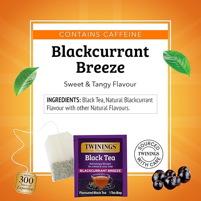 Twinings Blackcurrant Breeze Black Tea Individually Wrapped Bags, 20 Count (Pack of 1), Sweet, Tangy Taste, Caffeinated, Enjoy Hot or Iced, 20 Teabags
