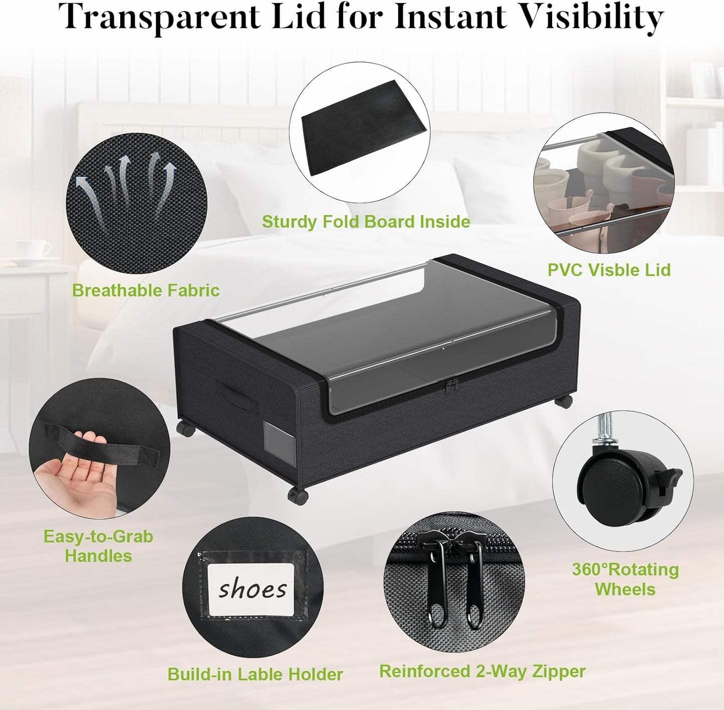 Webetop Under Bed Storage Containers with Wheels,12 inch Under the Bed Storage Bins with Clear Lid for Underneath Small Spaces Dorms, Blankets (2 Pack, 30.7"x17.3"x12")