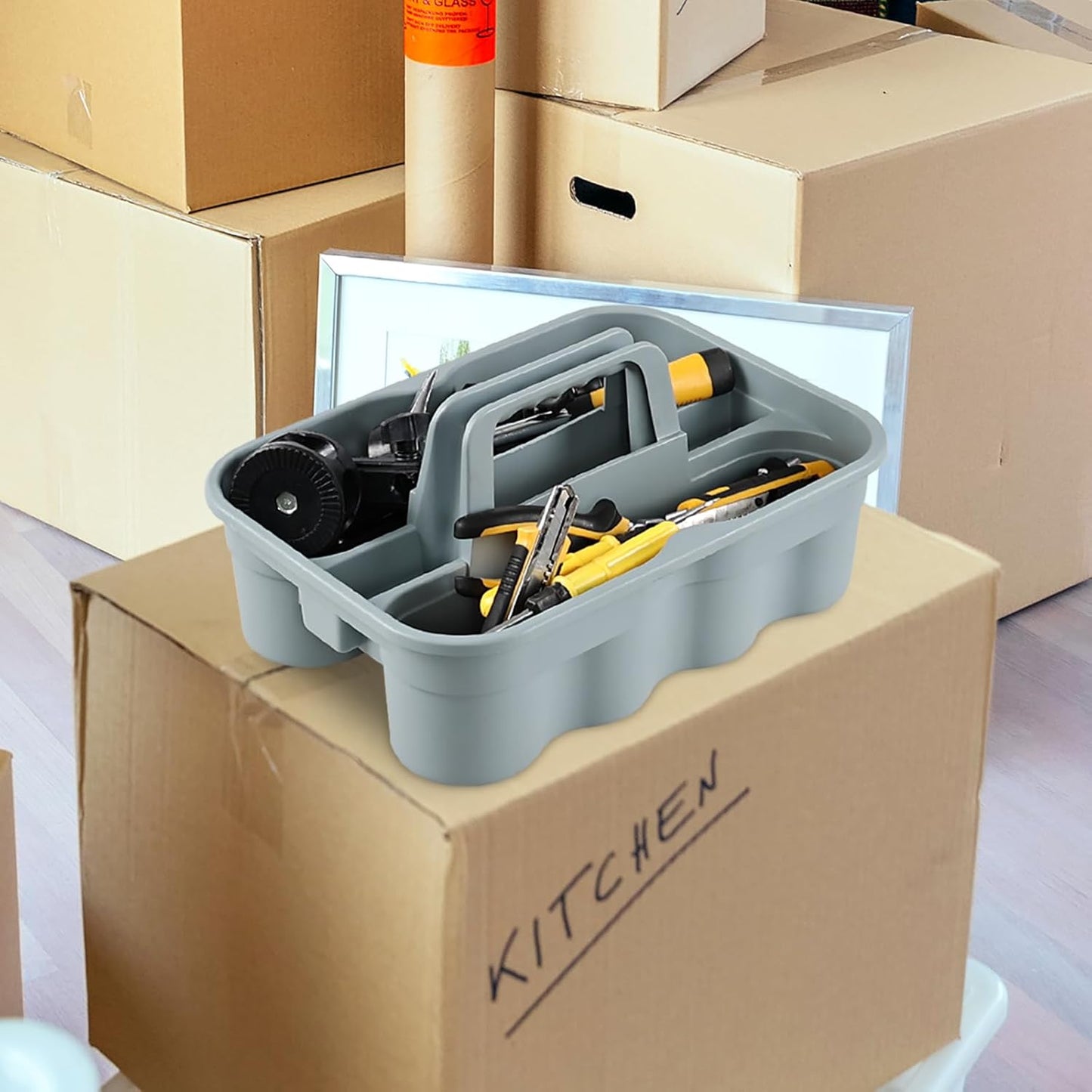 4-Pack Plastic Carry Caddy with Handle, Cleaning Utility Caddy Tote, Gray Housekeeping Tote