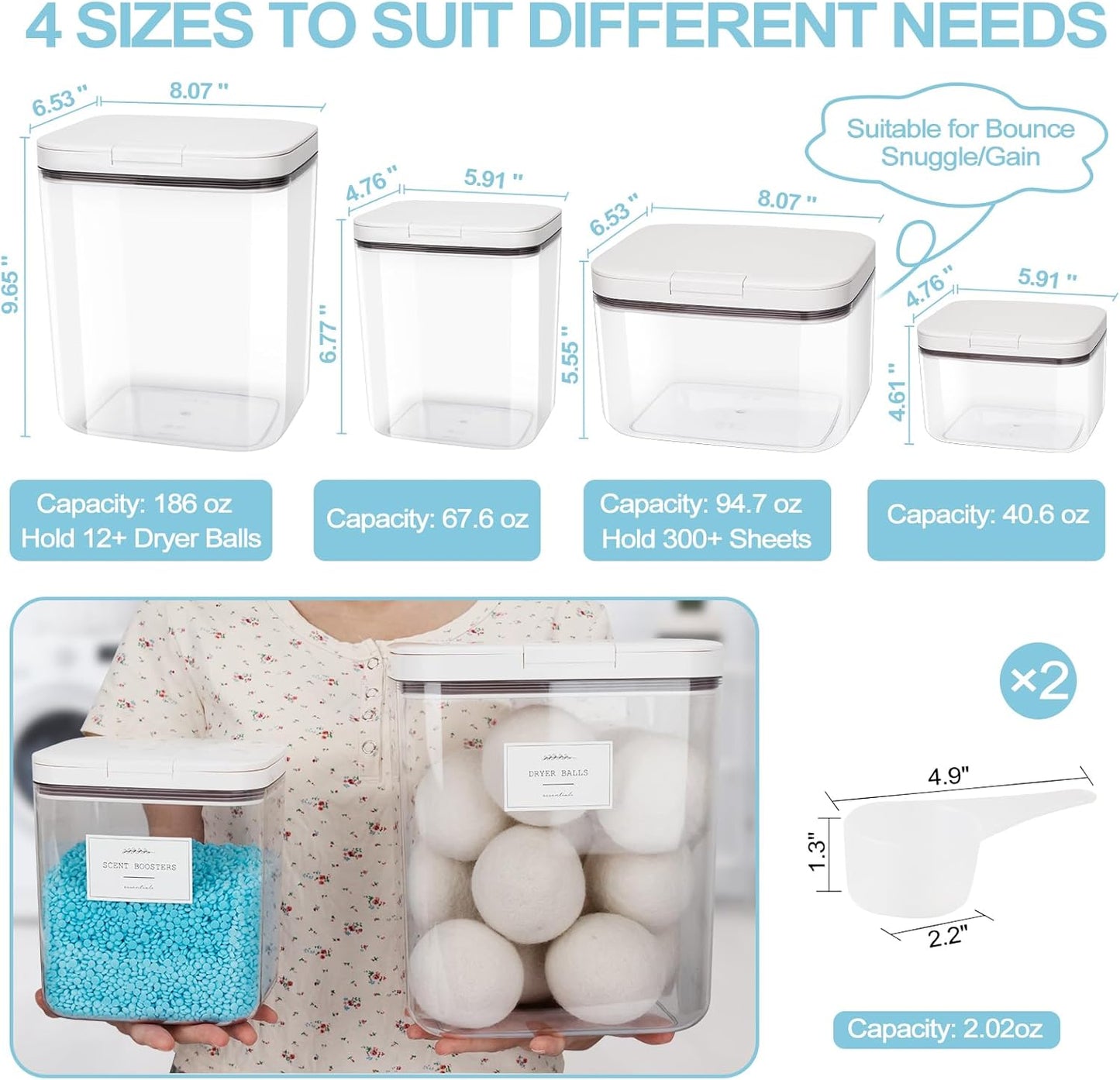 4 Pack Stackable Laundry Pods Container & Dryer Sheet Holder with Pop-Up Lids & Labels, Sealing Laundry Room Organization and Storage Jars for Powder, Scent Bead, Dryer Balls