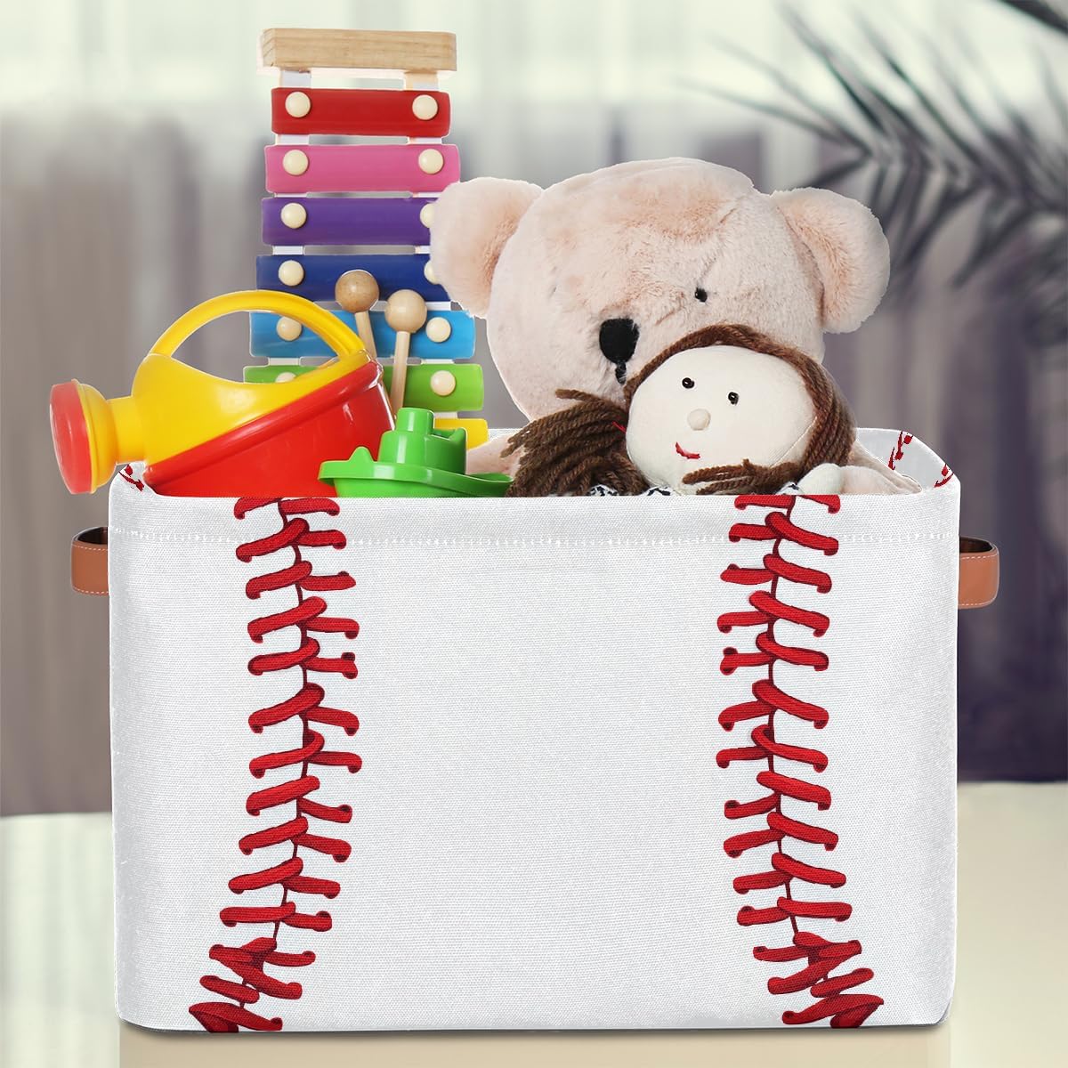 Baseball Storage Basket for Shelves, Storage Bins with Handles, Collapsible Basket for Organizing, Closet Toy Baskets for Nursery Room, 15x11x9.5 in, Canvas, Sports Baseball Stitches Lace