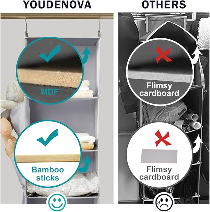 YOUDENOVA Hanging Closet Organizer and Storage, 6-Shelf Closet Hanging Shelves | Sturdy Bamboo Structure Cloth Hanging Storage, Sweater Organizer, 11.8” x 11.8” x 47.2”, Light Grey