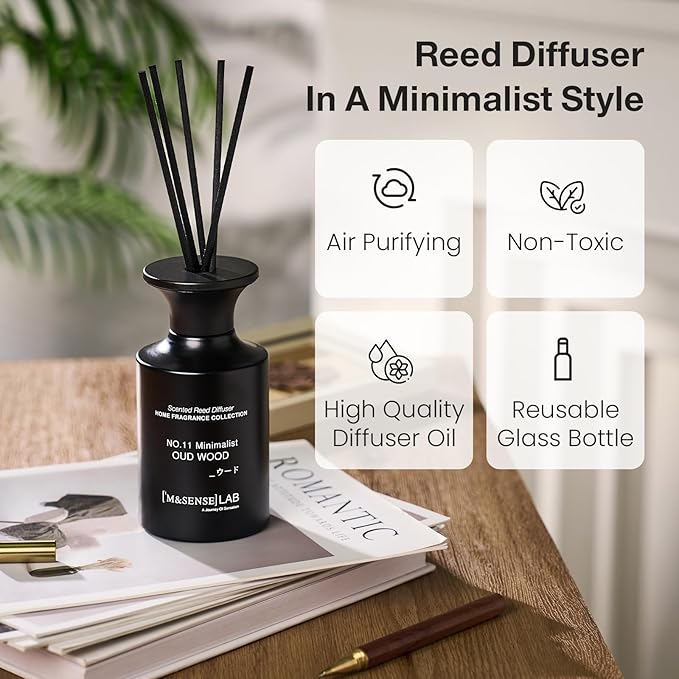M&SENSE Minimalist Large Reed Diffuser 300ml, Oud Wood Scented with Natural Essential Oils, Long Lasting with 7 Sticks, Non-Toxic Home Fragrance for Bedroom, Bathroom Decor