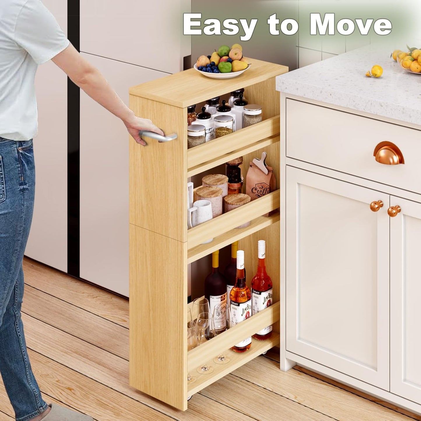 MARTY Rolling Storage Cart 7.9" W, 4-Tier Kitchen Cart with Wheels Handle, Slim Storage Cart Mobile Shelving Utility Carts for Bathroom Laundry Room Organization Narrow Places (Maple)