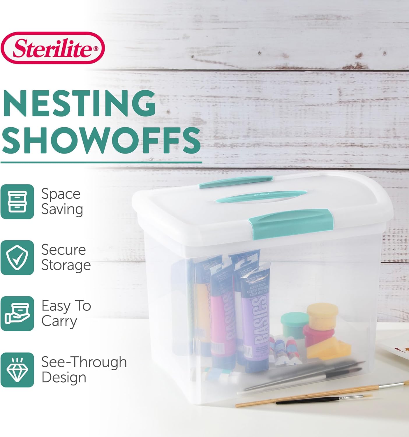 Sterilite Large Nesting ShowOffs, Stackable Small Storage Bin with Latching Lid and Handle, Plastic Container to Organize Office Files, Clear, 6-Pack