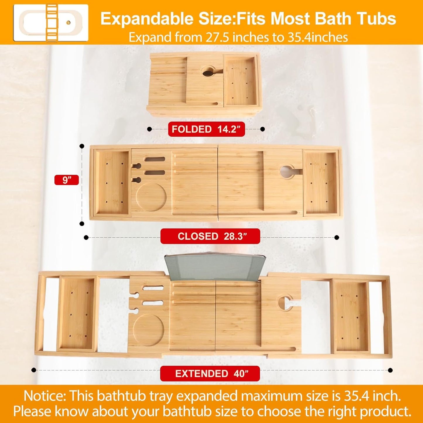 Premium Bathtub Tray Caddy, Expandable Bath Tray for Bath Tub, Bath/Bathtub Table Tray, Great House Warming, Anniversary & Wedding and Unique Birthday Gifts
