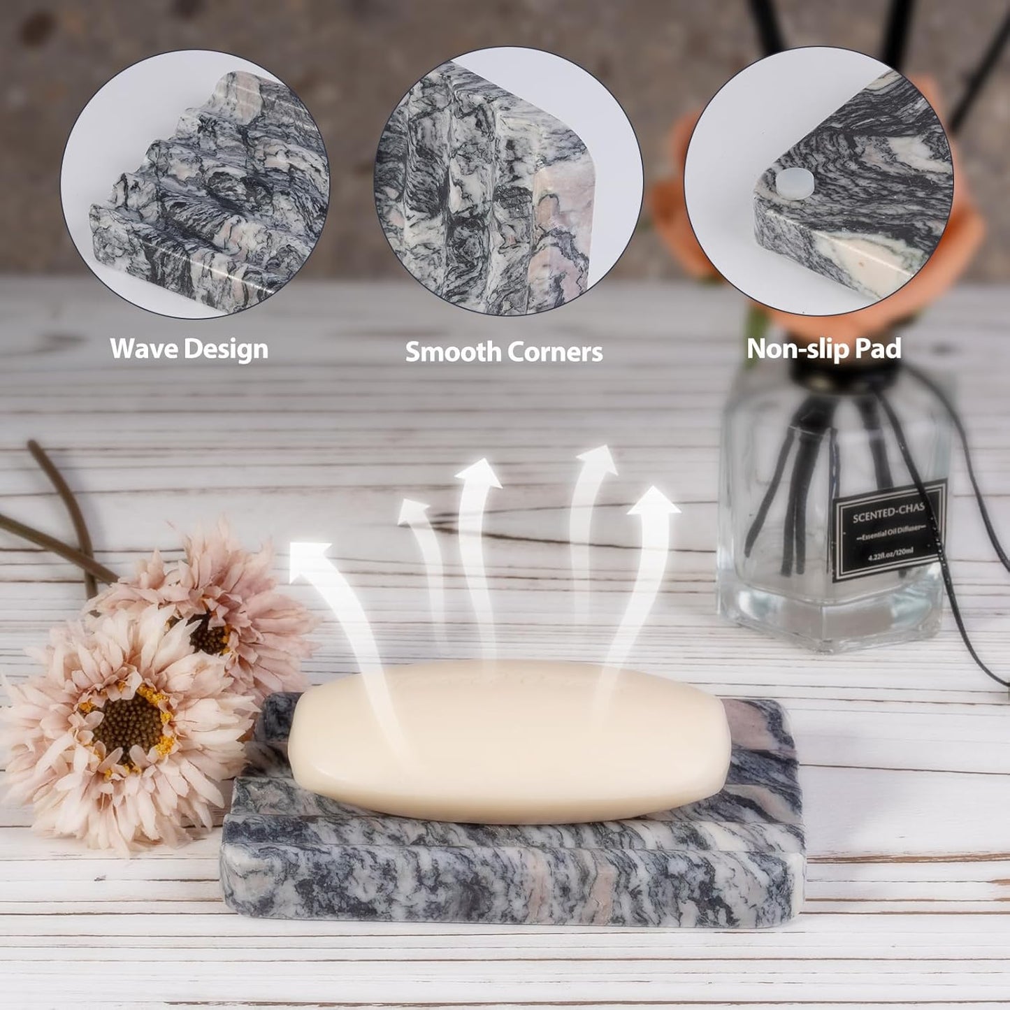 2 Pcs Soap Holder for Bathroom, Marble Soap Dish for Kitchen Countertop, Soap Tray with Creative Wavy Design, Saver for Bath Tub, Sponges, Italian Natural Stone(Rosso Luana)