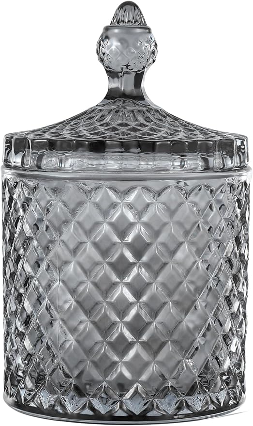 rejomiik Qtip Holder Glass Apothecary Jars with Lid for Bathroom Canisters Dispenser Decor, Storage Organizer for Cotton Swabs, Balls, Pads, Floss Picks, Candy, Grey