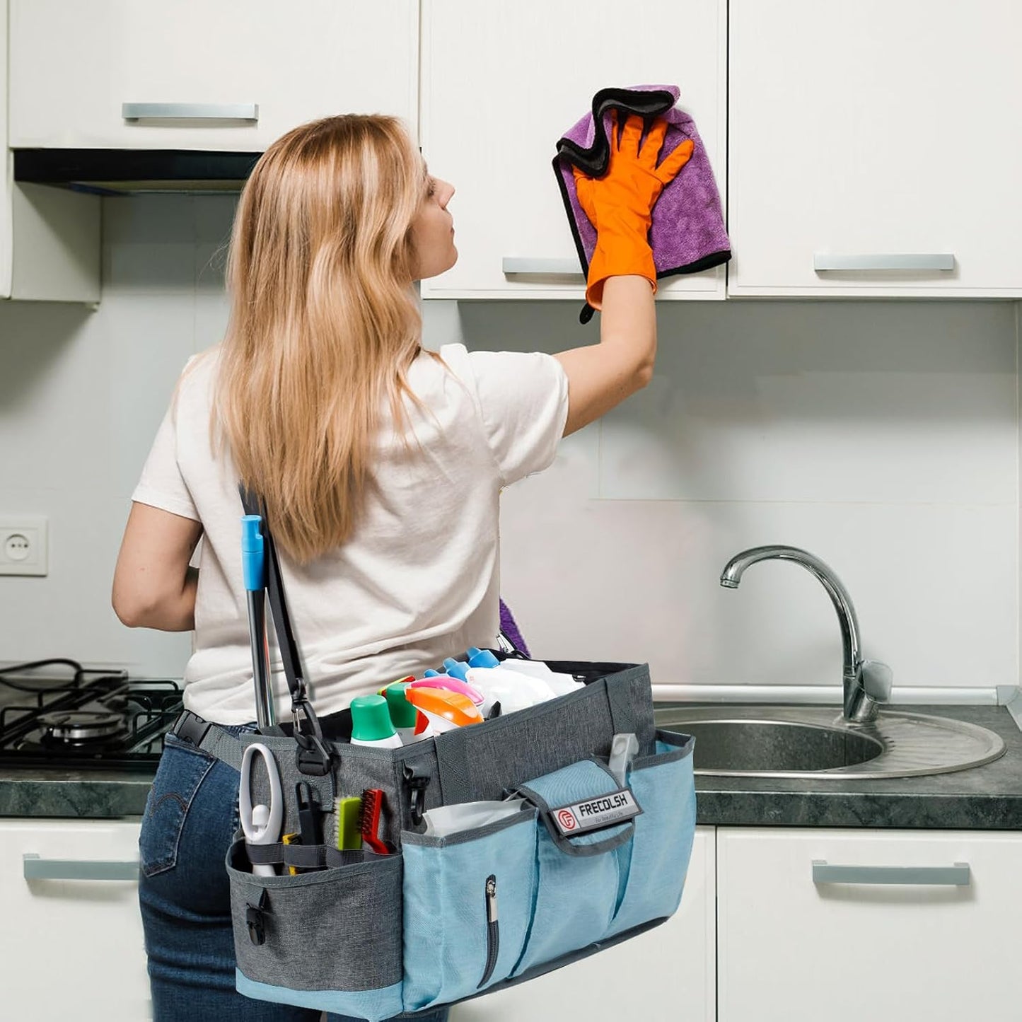 Large Cleaning Caddy for Cleaning Suppliers Organizer,15" Storage Organizer for House Clean Essential, Wearable Cleaing Bag, Storage Caddy for Housekeeping