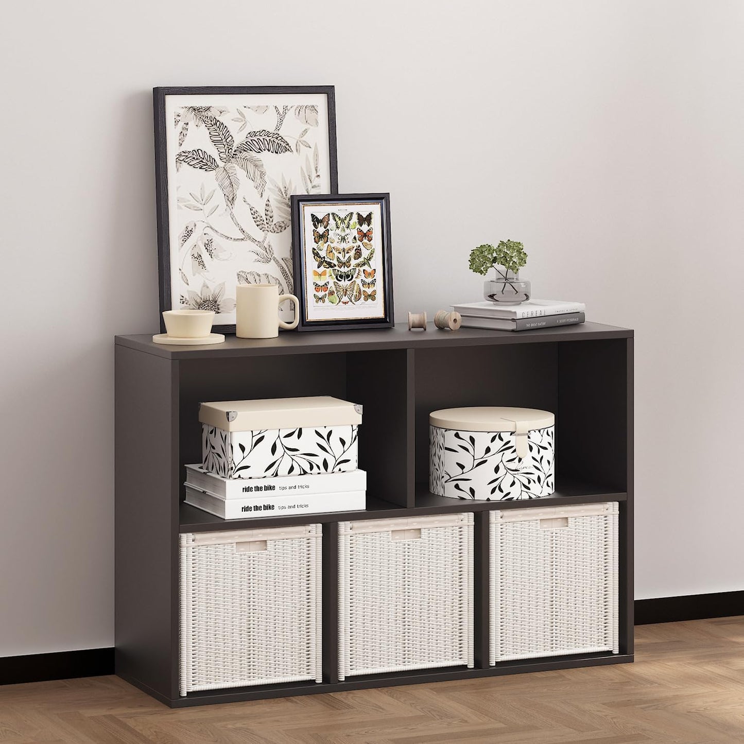 Wooden 5 Cube Storage Organizer with Closed Back Panel, Black Cube Shelf Heavy Duty Cubby Storage Organizer with Compartments for Living, Display Shelf