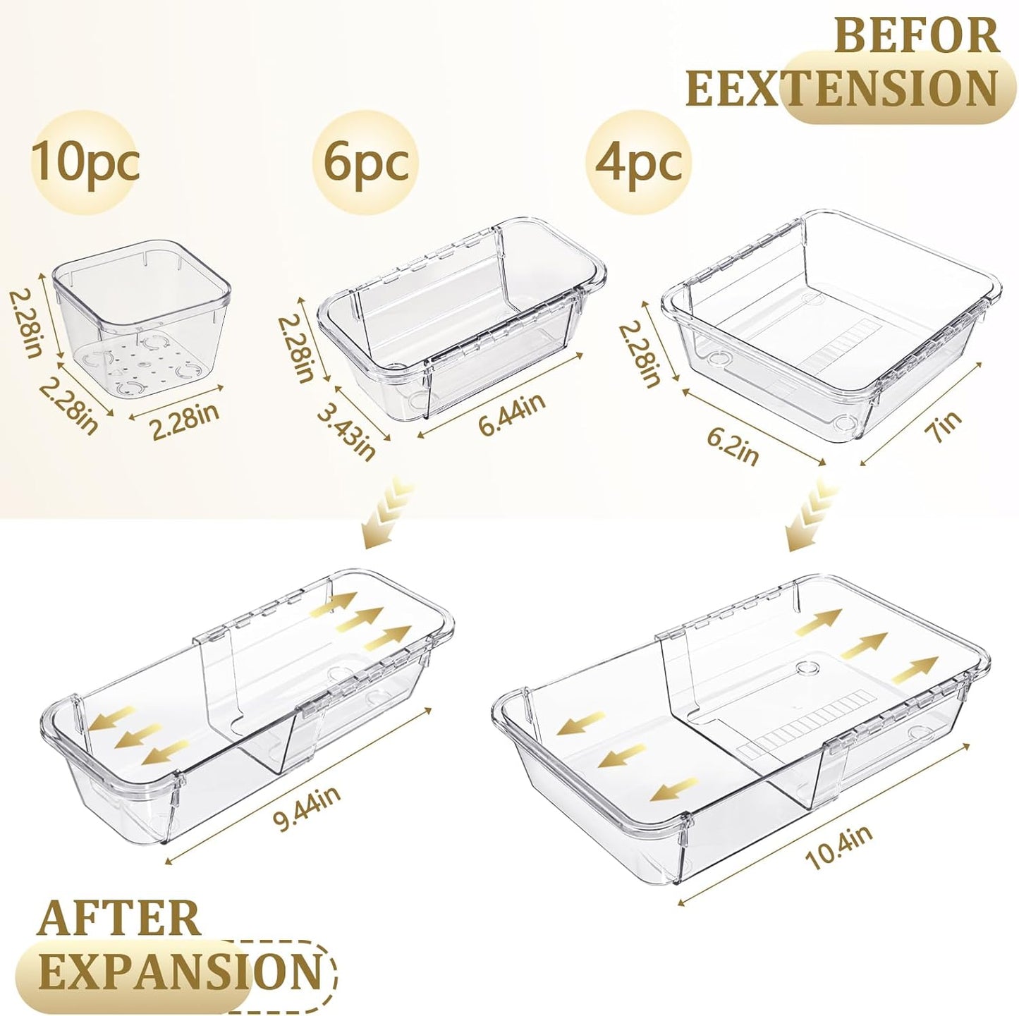 20 Pcs Adjustable Clear Drawer Organizer, Extendable Vanity Storage Bins, Desk Drawer Organizer Set for Makeup, Cosmetics, Bedroom, and Gadgets, Clear