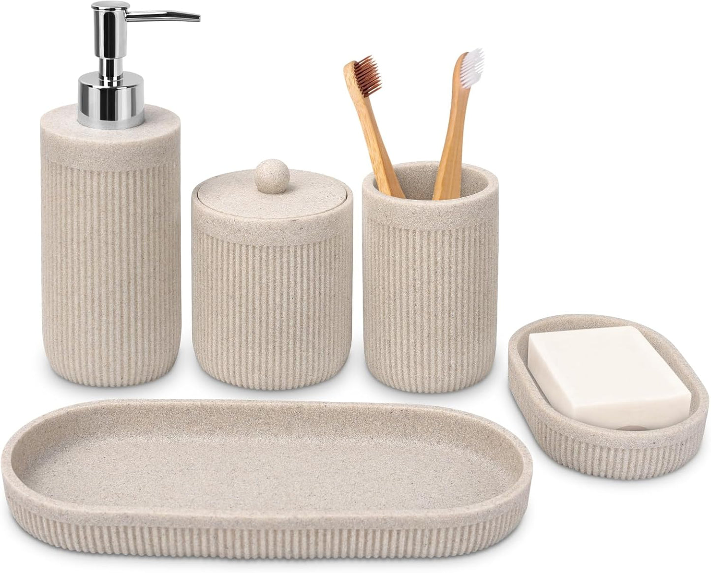 Bathroom Accessory Set 5Pcs- Lotion Soap Dispenser,Toothbrush Holder,Qtip Holder Dispenser,Vanity Tray and Soap Dish-Modern Bathroom Decor Vanity Countertop Organizer,Beige