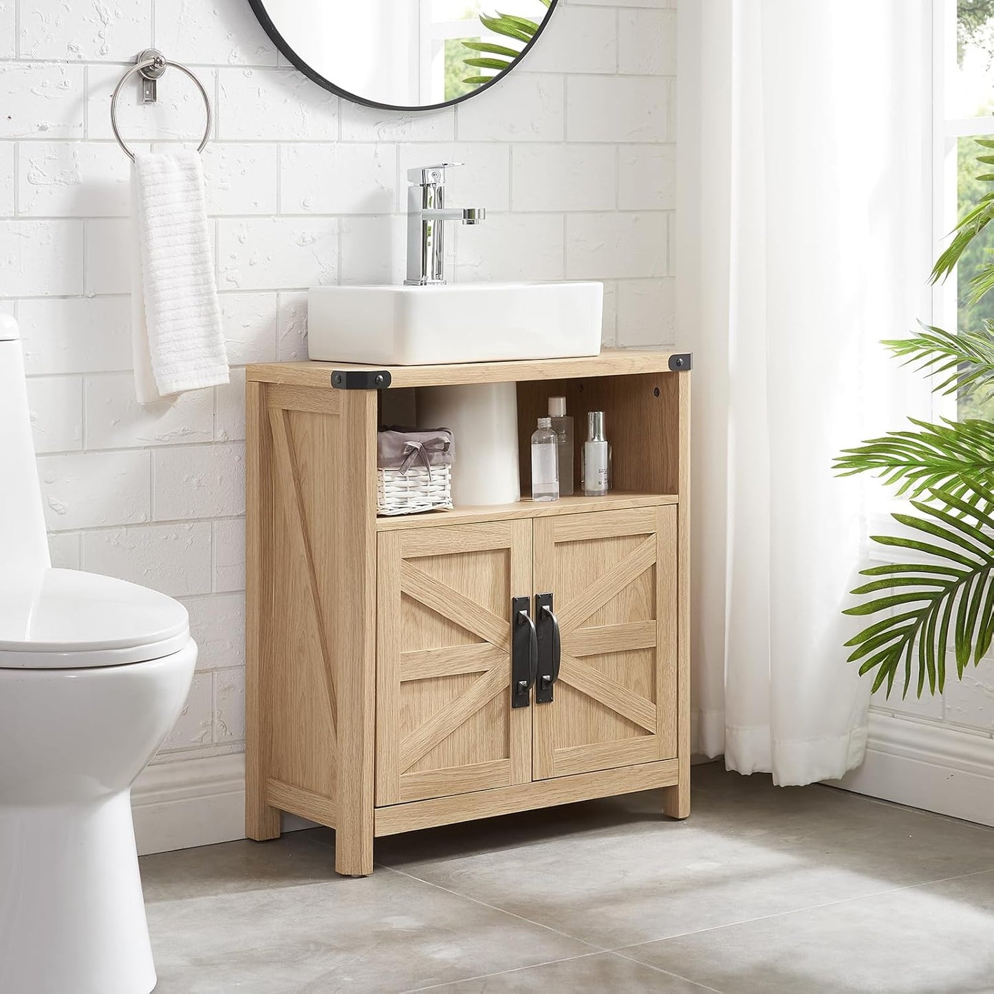 Bathroom Floor Cabinet, Adjustable Shelf, Barn Doors, Farmhouse Bathroom Storage Cabinet for Kitchen, Living Room (Natural Oak)