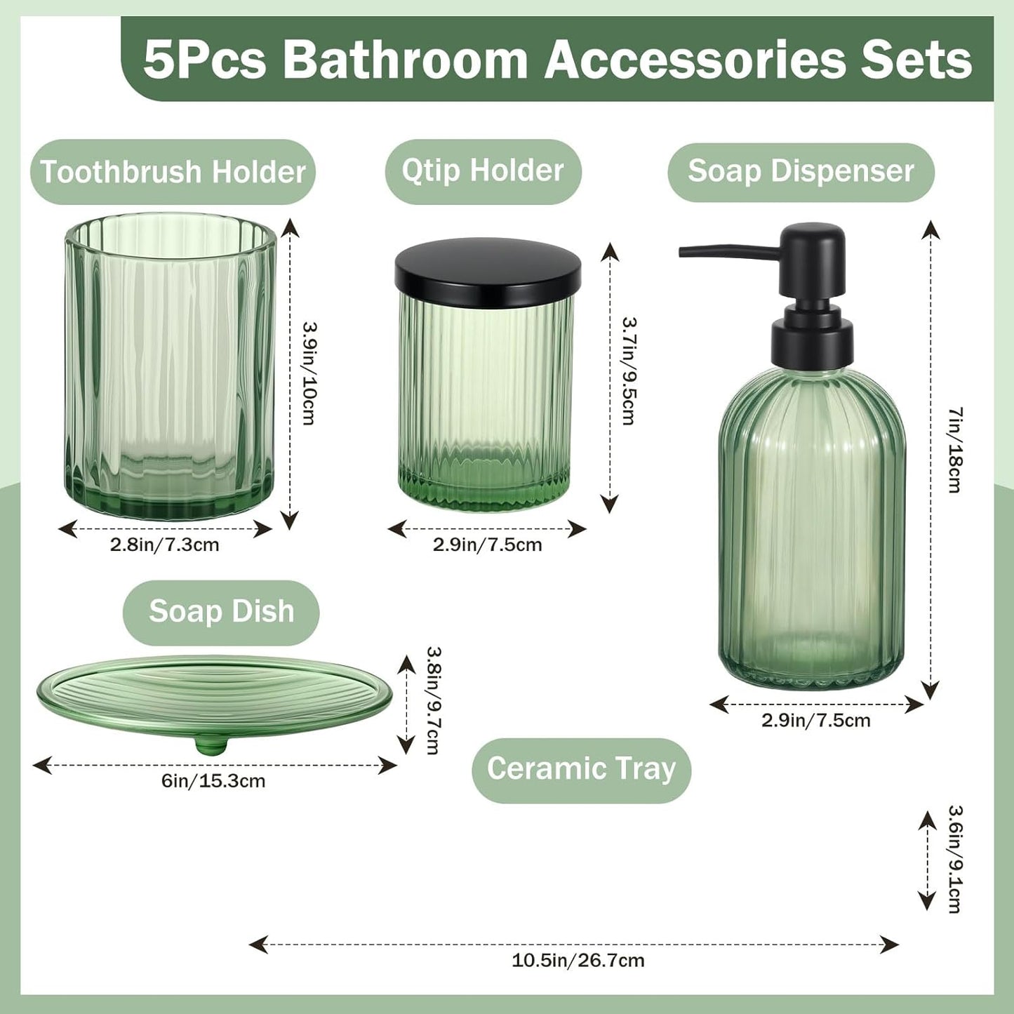 Shinowa Bathroom Accessories Set, 5 Pcs Clear Glass Bathroom Accessory Sets Complete with Soap Dispenser, Toothbrush Holder, Q-Tips Holder, Soap Dish, Ceramic Tray, Vanity Organizer, Green