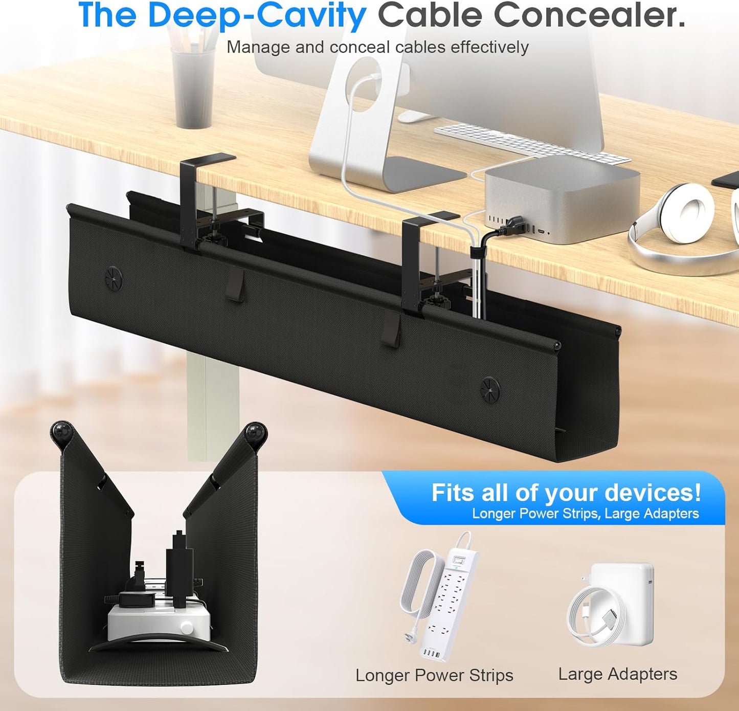 Under Desk Cable Management Tray, 40-inch No-Drill Cord Organizer with Anti-Sag Reinforced Base, Fabric Wire Management Hider for Standing Desk, Office & Gaming Accessories - Black