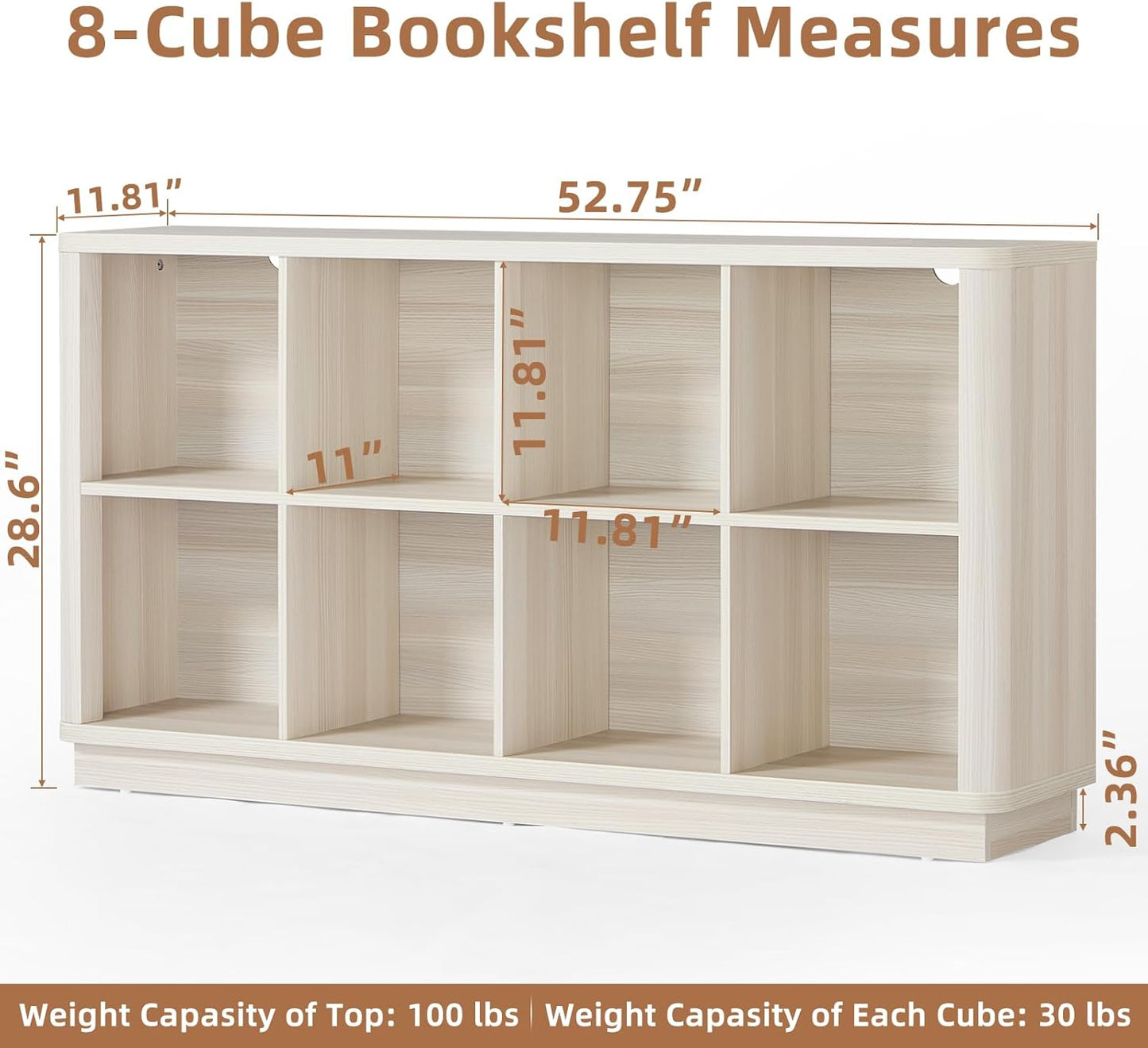 8 Cube Storage Bookcase, 52" Long Horizontal Book Shelf w/Curved Edge, Wooden Floor Standing 2-Tier Cubby Console Bookshelf with Base, Modern Low TV Stand for Living Room, White Cream Oak