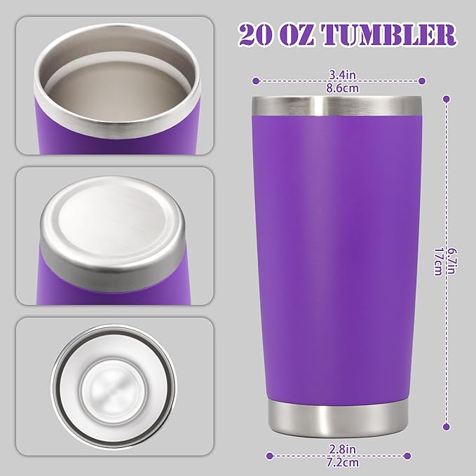 20 oz Tumbler with lid Double Wall Vacuum Insulated Tumblers Stainless Steel Coffee Mug Travel Coffee Tumbler Powder Coated Tumbler Cup Keep Hot&Cold - (PurPle 6 Pack)