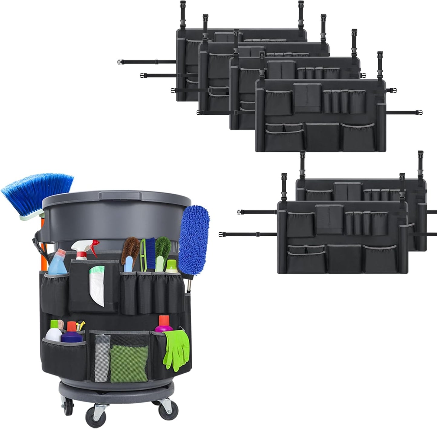 6PCS Trash Can Caddy Bags Fit 32-55 Gallon Garbage Bin, Garbage Bin Caddy Bag with 13 Pockets Compatible with Brute & Uline, Commercial Cleaning Supplies Organizer Bag & Janitorial Duties(6PCS)